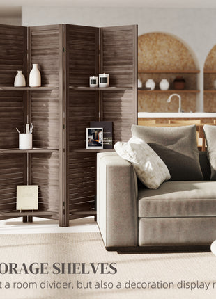 4 Panel 67" Tall Wood Privacy Screen Room Divider with 3 Shelves and Folding Storage for Bedroom, Walnut