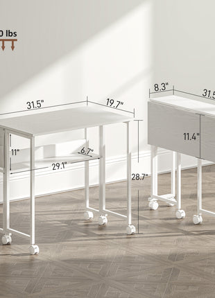 Folding Computer Desk, Foldable Desk with Storage Bag, Shelf and Wheels for Small Spaces, Home Office, White
