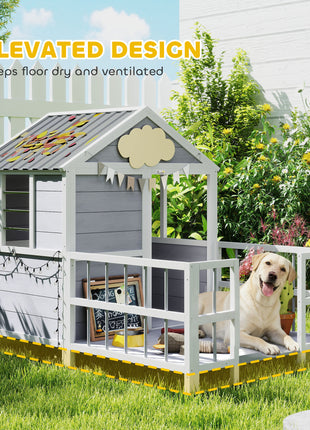 Outdoor Dog House, 61"L Wooden Dog House with Porch, Weatherproof Roof, Elevated Base, Air Vents & Observation Windows