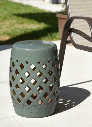 13" x 18" Ceramic Garden Stool with Woven Lattice Design & Glazed Strong Materials Decorative Outdoor Stool, Green