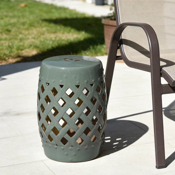 13" x 18" Ceramic Garden Stool with Woven Lattice Design & Glazed Strong Materials Decorative Outdoor Stool, Green