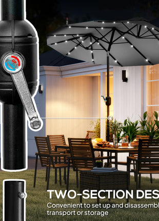Double-sided Patio Umbrella, 9.7' Outdoor Umbrella with Tilt and Crank, LED Solar Light and 12 Ribs, Gray
