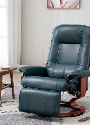 Faux Leather Manual Recliner, Adjustable Swivel Lounge Chair with Footrest, Armrest and Wrapped Wood Base for Living Room, Blue