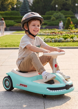 12V Electric Wiggle Car with Convertible Steering Wheel Pull Handle, 2 Speed, Music, Lights for 3-5 Years, Light Blue