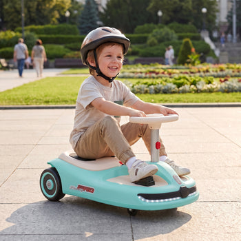 12V Electric Wiggle Car with Convertible Steering Wheel Pull Handle, 2 Speed, Music, Lights for 3-5 Years, Light Blue