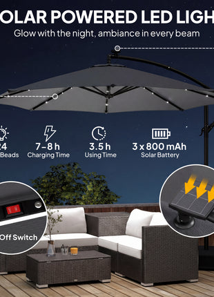 10 ft Cantilever Patio Umbrella with Light, Weight, Offset Hanging Outdoor Umbrella with Protective Cover, Dark Gray