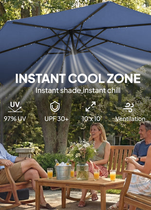 10 ft Cantilever Patio Umbrella with Light, Weight, Offset Hanging Outdoor Umbrella with Protective Cover, Dark Blue
