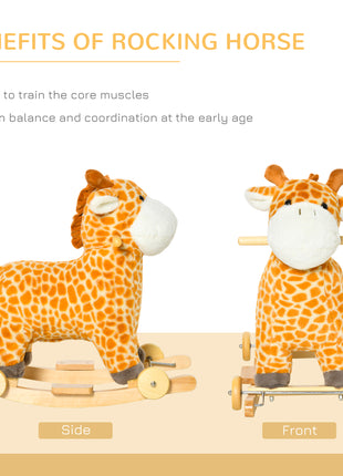 Rocking Horse, 2 in 1 Kids Ride on Horse, Rolling Giraffe Animal Rocker with Sound, Wooden Base, Pedal, Grip Handle, Plush Riding Pony for 3-6 Years Old, Yellow