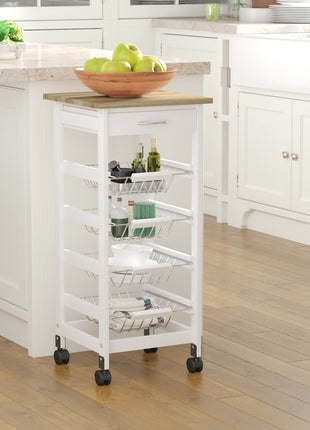 Mobile Kitchen Cart, Rolling Kitchen Island with Storage, Solid Wood Frame Utility Cart with Wire Fruit Baskets and Drawer, White