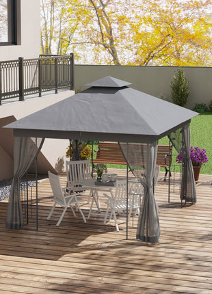 10' x 11.5' Metal Patio Gazebo, Double Roof Outdoor Gazebo Canopy Shelter w/Tree Motifs Corner Frame and Netting, Gray
