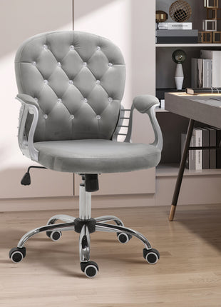 Velvet Home Office Chair, Button Tufted Desk Chair with Padded Armrests, Adjustable Height and Swivel Wheels, Gray