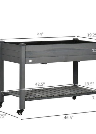 47" x 21" Raised Garden Bed Elevated Wooden Planter Box w/ Lockable Wheels, Storage Shelf for Backyard, Dark Gray