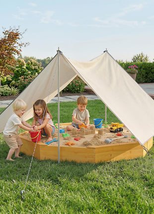 Wooden Sandbox with Large Canopy, Outdoor Sand Box with 4 Bench Seats, Bottom Liner for 8 Kids Aged 3-8, Yellow