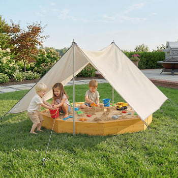Wooden Sandbox with Large Canopy, Outdoor Sand Box with 4 Bench Seats, Bottom Liner for 8 Kids Aged 3-8, Yellow