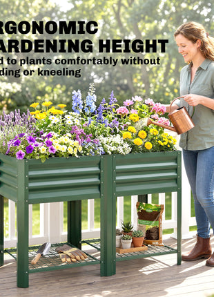 Raised Garden Bed Galvanized Steel, Elevated Planter Box with Storage Shelf, Bed Liner, 31.5" High, Green
