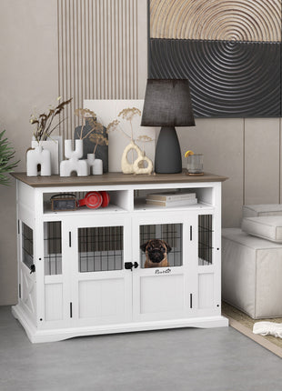 Dog Kennel Furniture Side End Table with Storage, Double Doors for Small and Medium Dogs, White