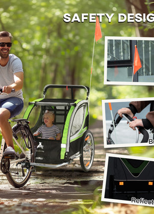 2-in-1 Walk/Ride Child Baby Bike Trailer for Kids 2 Seater, High-Visibility Bike Stroller for Toddler Wagon, Weather-Strong Double Bicycle Trailer Accessory, Green