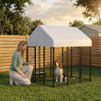Outdoor Dog Kennel with Roof, 6' x 4' x 6' Heavy Duty Welded Wire Dog Playpen Enclosure with Escape-proof Lock
