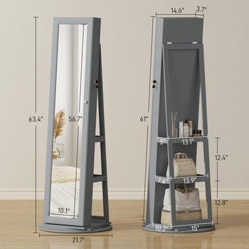 360° Swivel Jewelry Armoire, Lockable Jewelry Cabinet with Full-Length Mirror, Storage Shelves, Gray