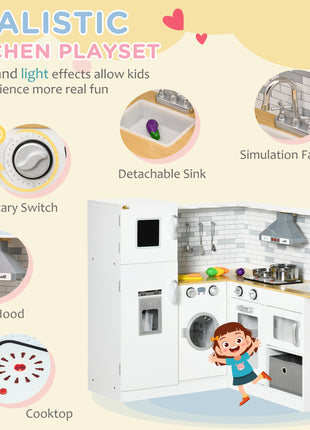 Corner Play Kitchen Set with Sound Effects and Tons of Countertop Space, Large Wooden Kitchen with Washing Machine, Food Toys, Ice Maker, Kids Kitchen, Ages 3-6, White