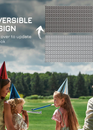 Reversible Outdoor Rug Carpet RV Camping Rugs with Carry Bag, 9' x 18', Black & White Clover