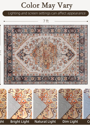 Area Rug 5x7, Machine Washable Rug, Non-Slip Boho Print Pattern Medallion Carpet for Living Room, Bedroom, Tawny Brown
