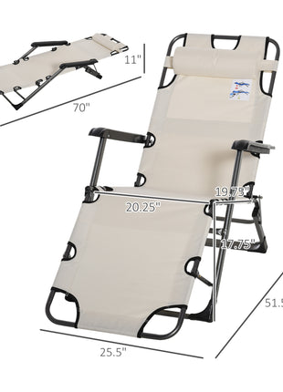 Folding Chaise Lounge Chair for Outside, 2-in-1 Tanning Chair with Pillow & Pocket, Adjustable Pool Chair for Beach, Patio, Lawn, Deck, Cream White