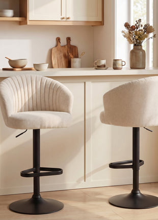 Modern Upholstered Adjustable Barstools with Swivel Seat, Linen Touch Fabric, Steel Frame, Footrest, ‎Beige