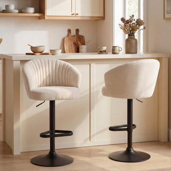 Modern Upholstered Adjustable Barstools with Swivel Seat, Linen Touch Fabric, Steel Frame, Footrest, ‎Beige