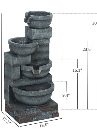 30" Tall Outdoor Waterfall Fountain with LED Lights, 4-Tier Resin Cascading Water Bowls with Pump, Gray