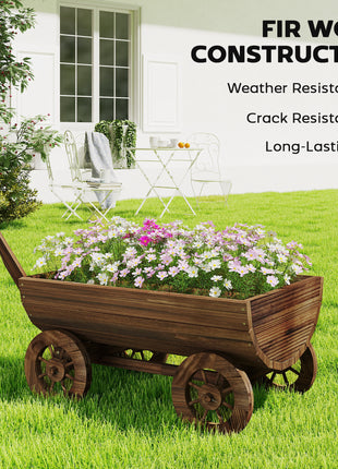 Wooden Wagon Planter Box, Mobile Garden Planter with 4 Wheels, Small Wheelbarrow Wagon Flower Cart with Drainage Hole