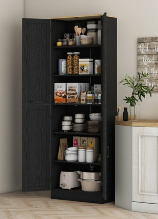 Freestanding Kitchen Pantry, 4-Door Kitchen Pantry Cabinet with Adjustable Shelves and Doors, Distressed Black