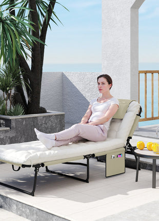 Folding Chaise Lounge Pool Chair with 4-level Reclining Back, Cushion, Side Pocket, Headrest, Beige