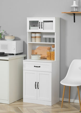 Freestanding Kitchen Pantry, 4-Door Buffet Cabinet with Hutch, Coffee Bar with Adjustable Shelves, 63.5 Inches, White