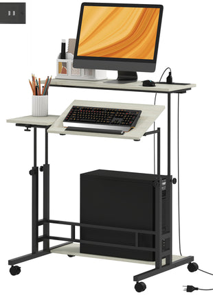 Adjustable Standing Desk with Power Outlets, Stand Up Desk with Tiltable Tabletop, Wheels, Shelf, for Home Office, Oak
