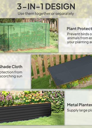 Galvanized Steel Planter Box with Crop Cage and Shade Cloth, Raised Garden Bed for Flowers, Veggies and Herbs, Dark Gray