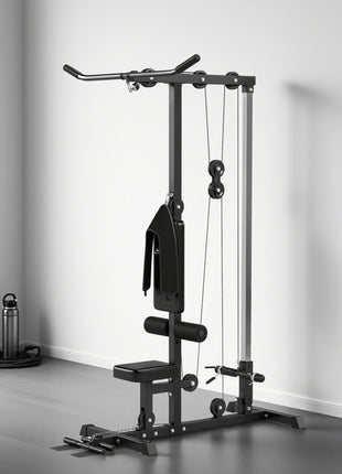 Lat Pull Down Machine, High / Low Pulley Machine with Adjustable Seat and Flip-Up Footplate, Black