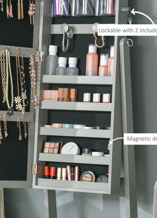 Floor Standing Jewelry Cabinet with LED Light, Lockable Jewelry Organizer with Full-Length Mirror, and 4 Adjustable Angles, Grey