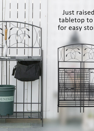 Folding Potting Bench Table, Metal Garden Workstation, Work Bench with Large Built-in Bag with Cover, 5 Hanging Hooks & Storage Shelf, Leaf Pattern