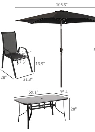 8 Pieces Patio Furniture Set with 9Ft Patio Umbrella, Outdoor Dining Table and Chairs, Black