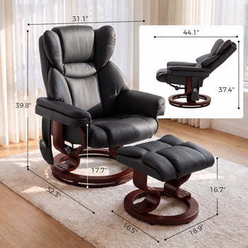 Massage Recliner Chair with Footrest, Swivel Armchair, Wrapped Wood Base, 10 Massage Points, Faux Leather, Black