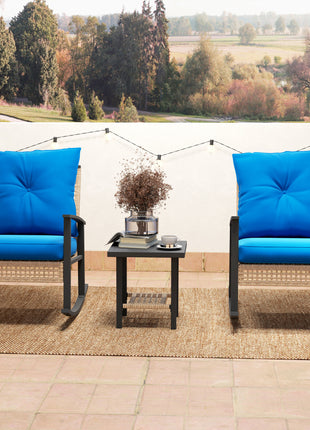 3 Pieces Bistro Set, Patio Wicker Furniture Set with Button Tufted Cushions, Rattan Rocking Chairs, Coffee Table, Blue