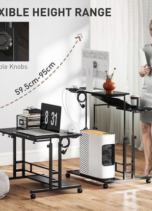 Adjustable Standing Desk with Power Outlets, Stand Up Desk with Tiltable Tabletop, Wheels, Shelf, for Home Office, Black