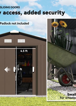 Metal Large Shed with Double Locking Doors Sloped Roof for Garden Tool, Bike Storage, Brown