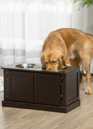 Elevated Dog Bowls with Storage, Two Stainless Steel Bowls for Large Dogs, Coffee