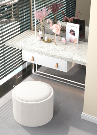 Round Storage Ottoman Coffee Table with Flip Top Tray, Linen Fabric Upholstered Footstool with Hidden Compartment