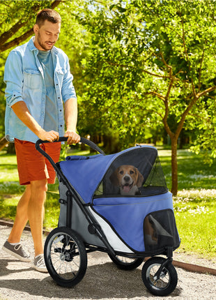3 Wheels Dog Stroller w/ One-Hand Fold, Rubber Wheels, Storage Bag, Soft Cushion, for Small & Medium Dogs, Blue