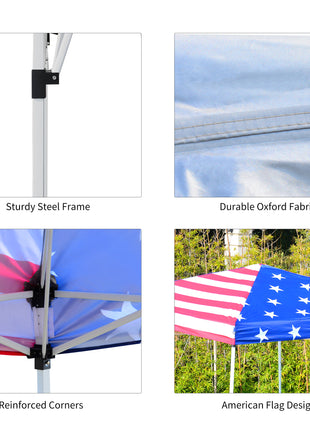 Slant Leg Pop Up Canopy Tent with American Flag Roof and Carry Bag, Beach Canopy Instant Sun Shelter, Height Adjustable, (10'x10' Base / 8'x8' Top)