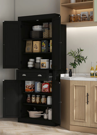 72.5" Kitchen Cabinet, Pantry Storage Cabinet with Doors and Shelves, Freestanding Food Pantry Cabinet, Black Wood Grain