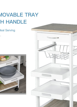 Mobile Kitchen Cart, Rolling Kitchen Island with Storage, Solid Wood Frame Utility Cart with Wire Fruit Baskets, Trays and Drawer, White